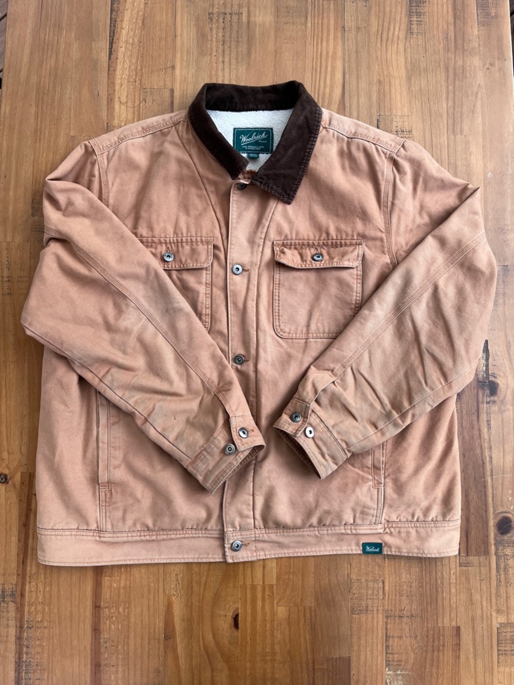 Woolrich Men’s Tan Chore Jacket Brown Cord Collar Sherpa Lined XXL (Distressed)